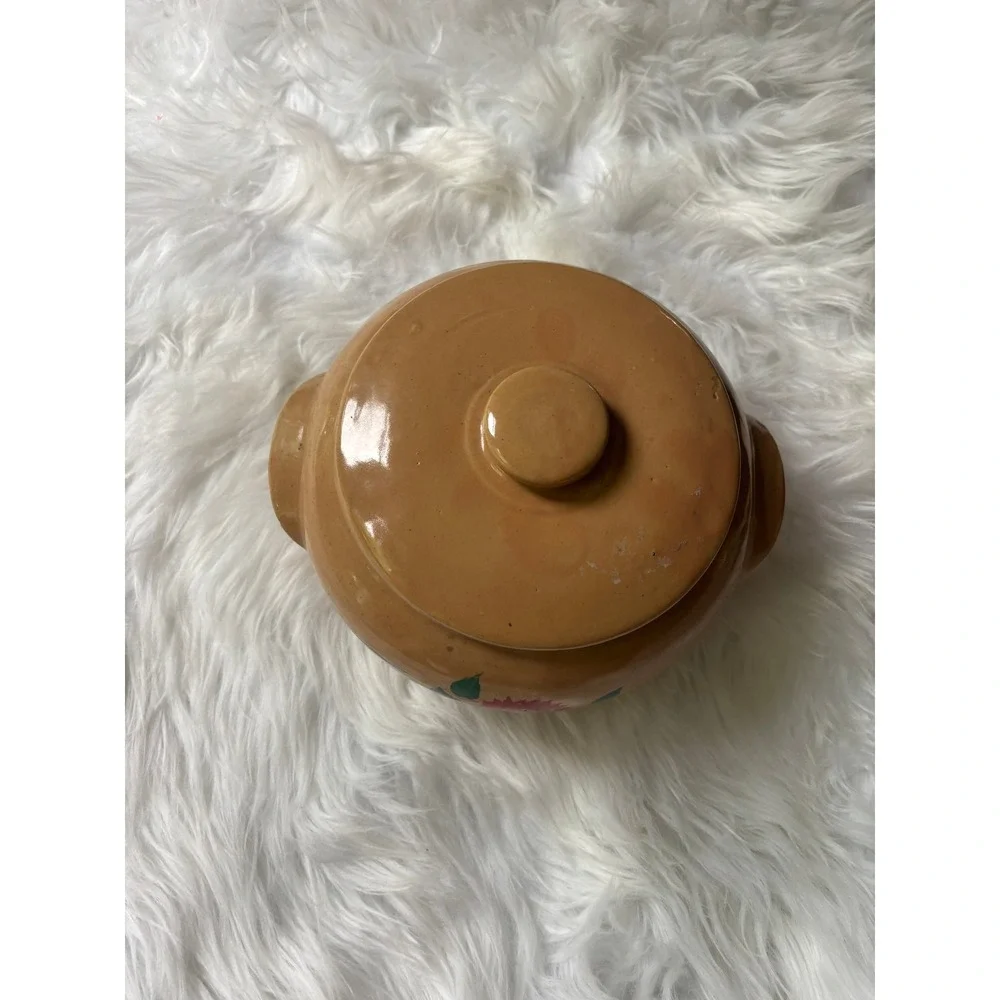 Vintage USA Stoneware Bean Pot Lidded Crock Tan Red Floral Hand Painted
